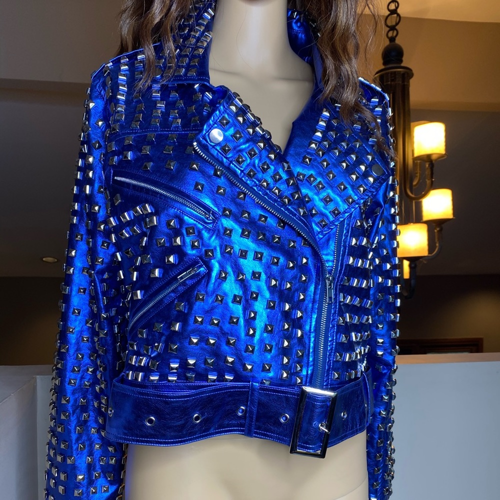Royal Blue Studded Leather Jacket - Picture 6 of 15